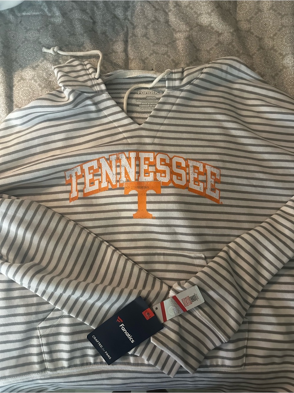 Fanatics Gray and White Striped Tennessee Hoodie with Orange Logo